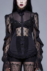 Blouse gothique pour femme en chiffon noir à col montant, fleurs perlées sur le devant de la poitrine, manchettes en dentelle, laçage à la taille à l'arrière